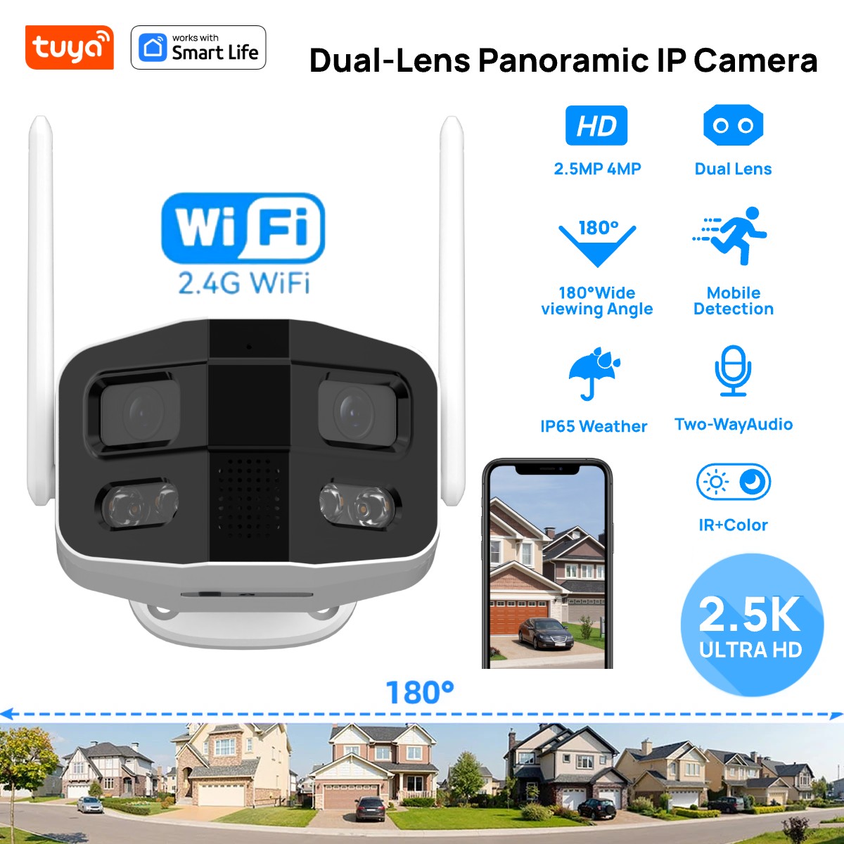 Smart Home Camera Ezviz - Tuya Smart 4MP 2.5K デュアルレンズ 広角180°