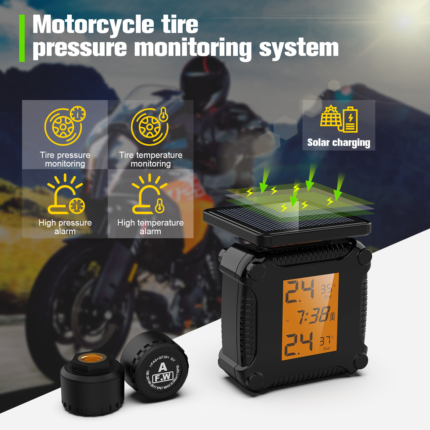 Temperature Sensor - タイヤ空気圧監視システム カラフルディスプレイ ワイヤレスTPMS バイク ソーラー充電 タイヤ温度アラームセンサー
