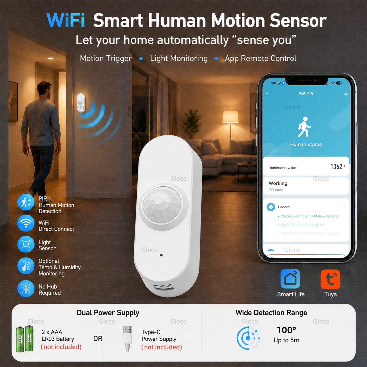 Smart Home Wiser - Tuya Wifi PIR モーションセンサースマートライフ温度湿度赤外線人体検出器照度検出 Alexa Google